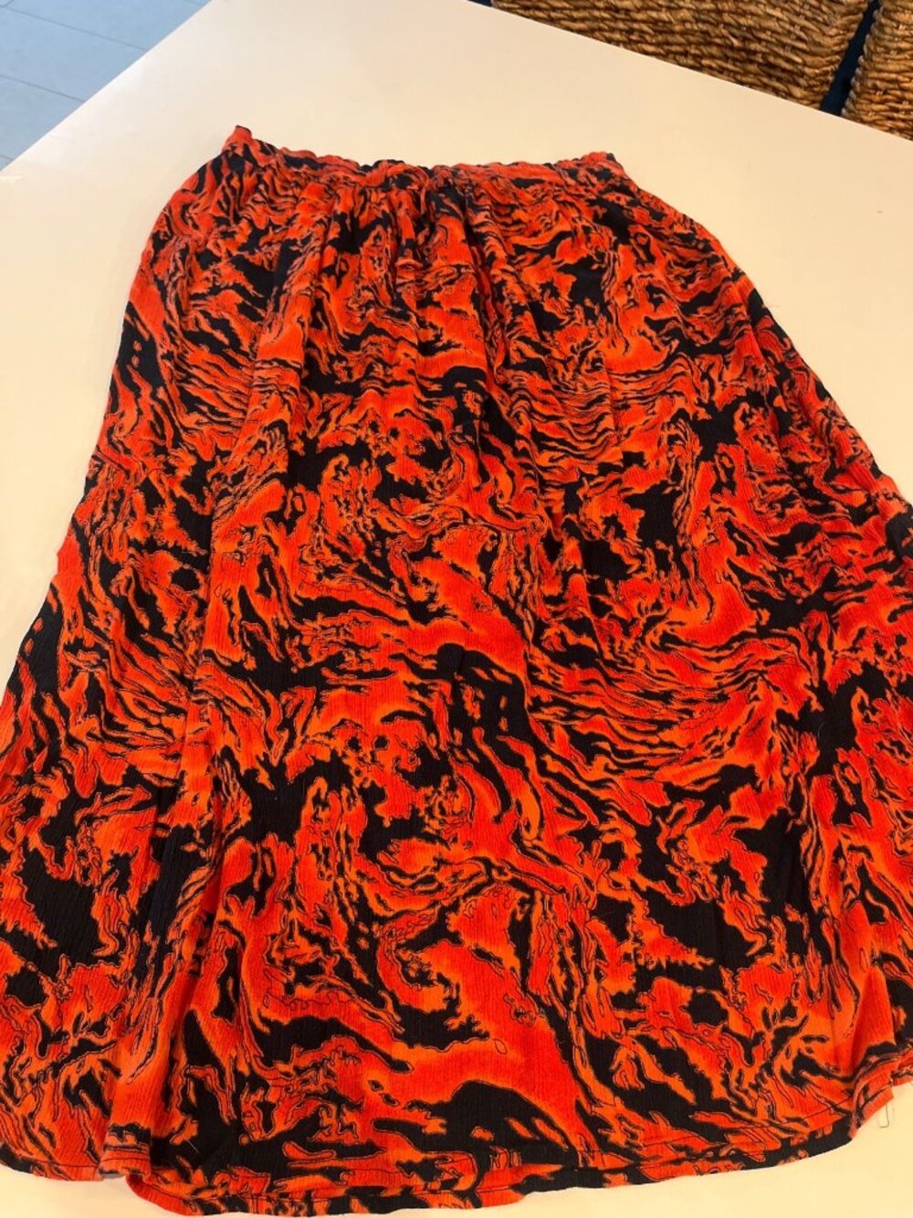 Boho Elastic Waist Midi Skirt Red & Black Abstract Print 100% Rayon